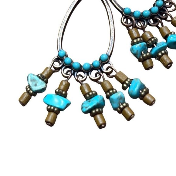 Silver Tone Turquoise Dangle Beaded Hoop Earrings Tribal Western Festival Rodeo - Picture 2 of 4